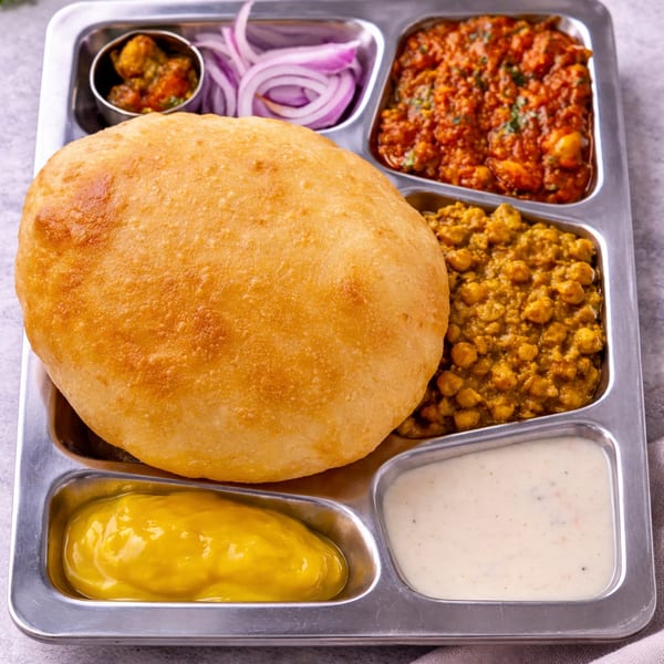 A metal tray with a large fried puri, chana masala, potato curry, onions, and two sauces.