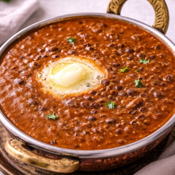 Rich, dark brown Dal Makhani in a copper serving bowl, topped with melting butter and cilantro.