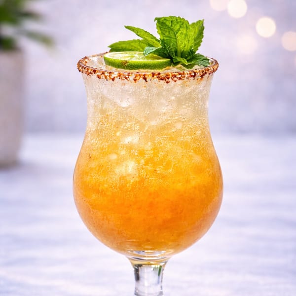 A vibrant orange cocktail in a stemmed glass, garnished with a lime slice and fresh mint.