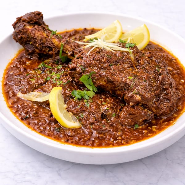 Rich, dark brown chicken curry with lemon slices and fresh cilantro in a white bowl.