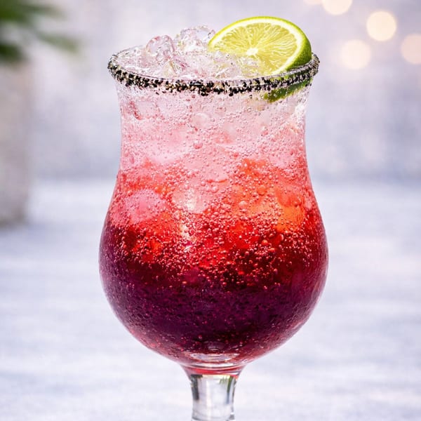 A vibrant red and pink sparkling drink with ice, a lime slice, and a dark sugar rim.