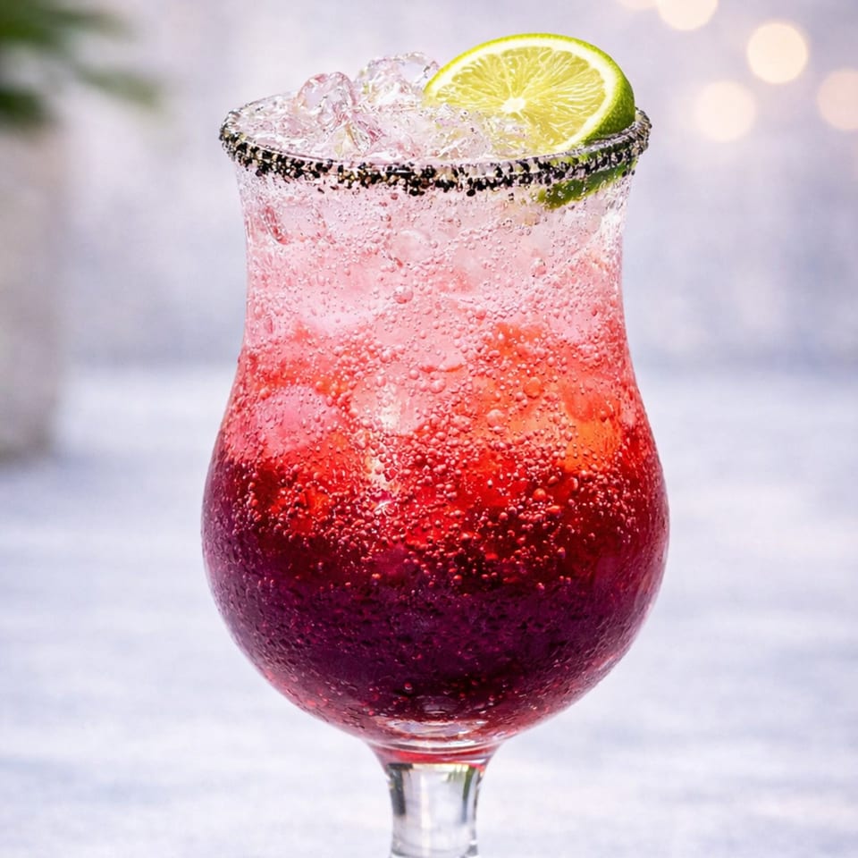 A vibrant red and pink sparkling drink with ice, a lime slice, and a dark sugar rim.