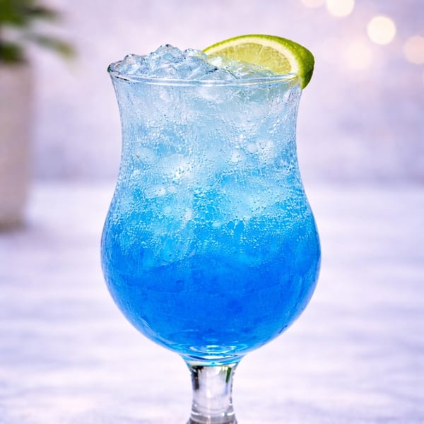 Vibrant blue cocktail with ice and a lime wedge, in a hurricane glass, against a blurred background.