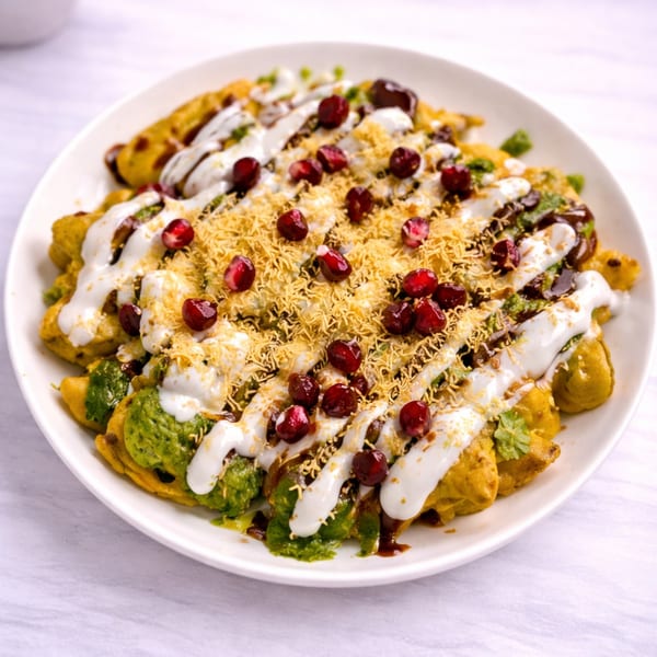 A vibrant plate of Indian chaat, topped with yogurt, chutneys, sev, and pomegranate seeds.